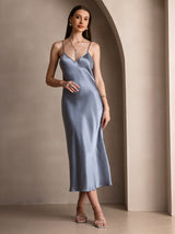 [Azul Grisáceo] SilkSilky-ES Spaghetti Strap V Neck Vestido 004