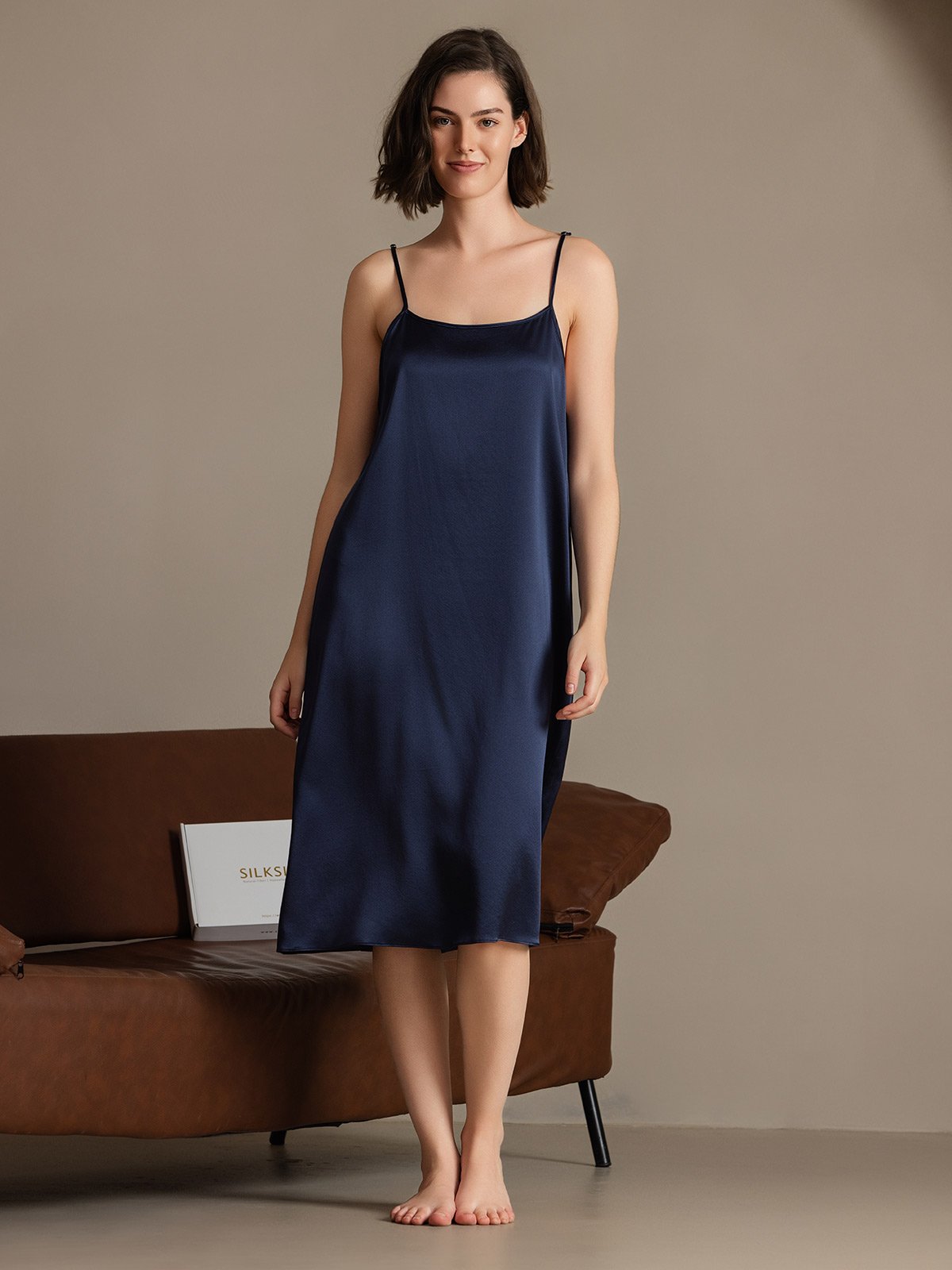 [Azul Oscuro] SilkSilky-ES 19Momme Seda Sin mangas Dress 005