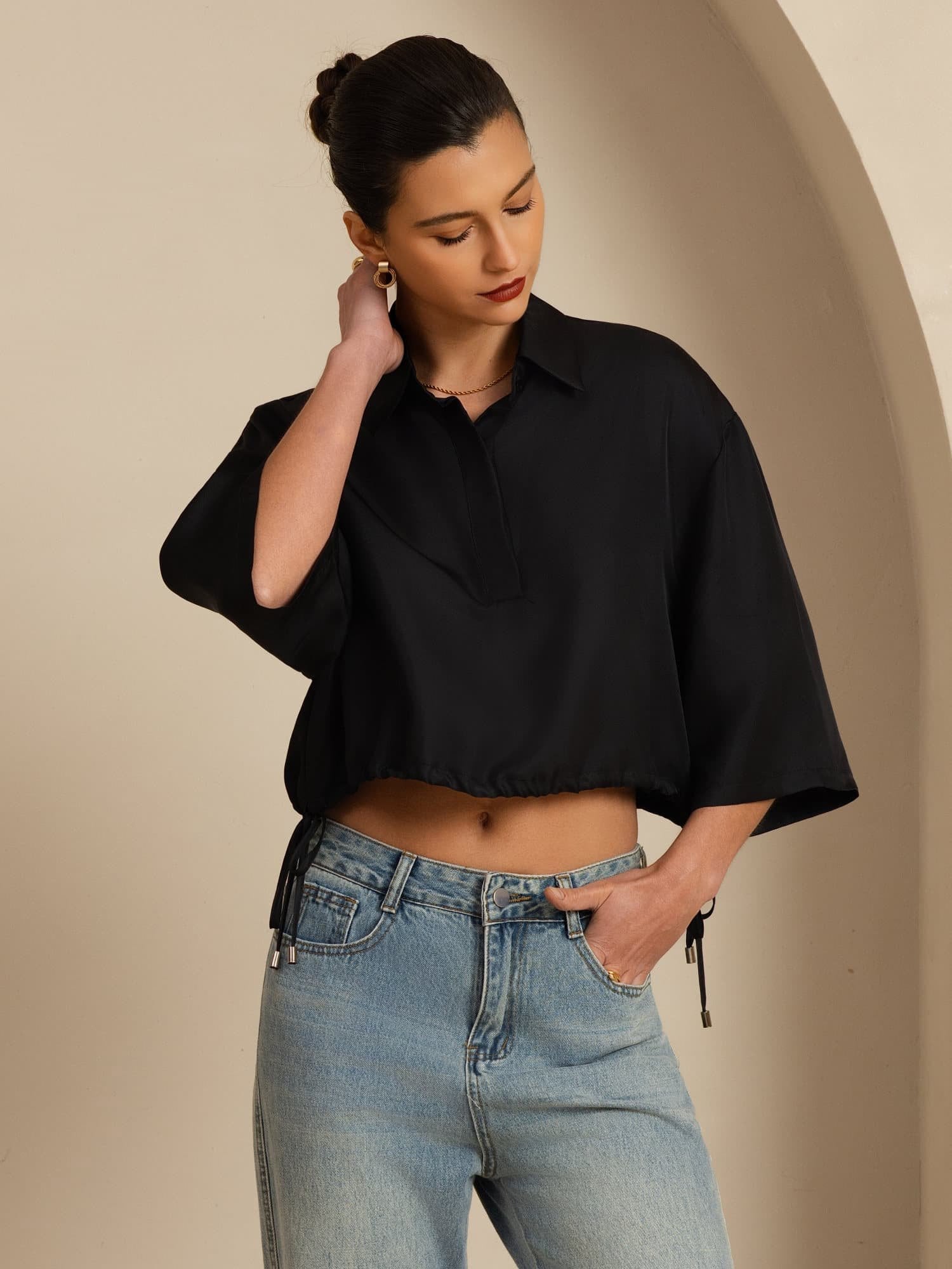 [Negro] SilkSilky-ES 18Momme A metà Cuello con Solapa Blusa 005