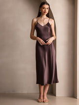 [Café] SilkSilky-ES Spaghetti Strap V Neck Vestido 005