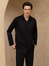 [Negro] SilkSilky-ES 19Momme Manga larga Cuello con Solapa Camisa de hombre 003