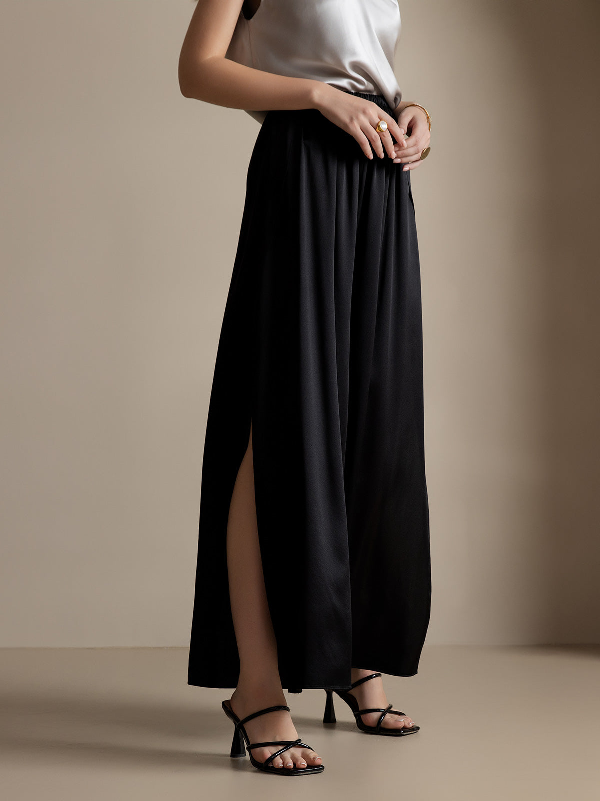 [Negro] SilkSilky-ES 19Momme Seda Split Pantalones de mujer 004