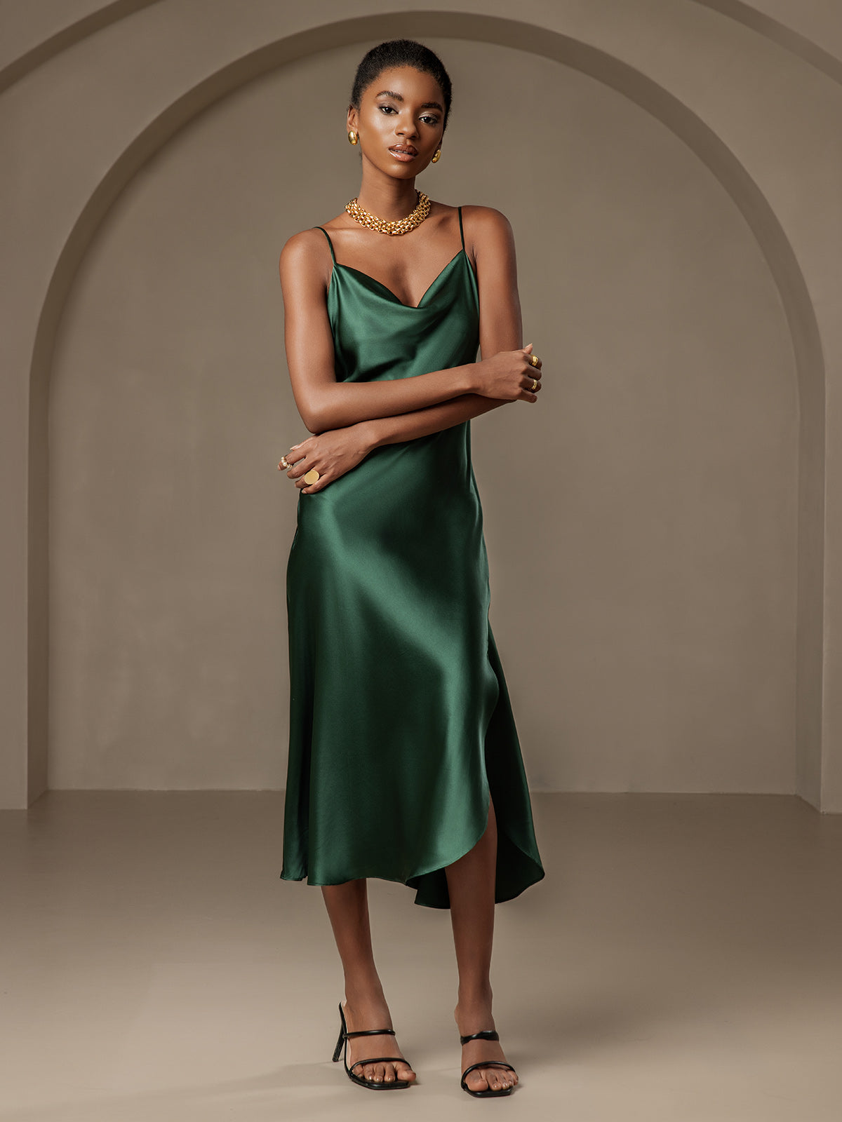 [Verde Oscuro] SilkSilky-ES 19Momme Seda Pura Escote Caído Vestido 005