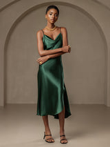 [Verde Oscuro] SilkSilky-ES Spalline Sottili Cuello Drapeado Vestido 005