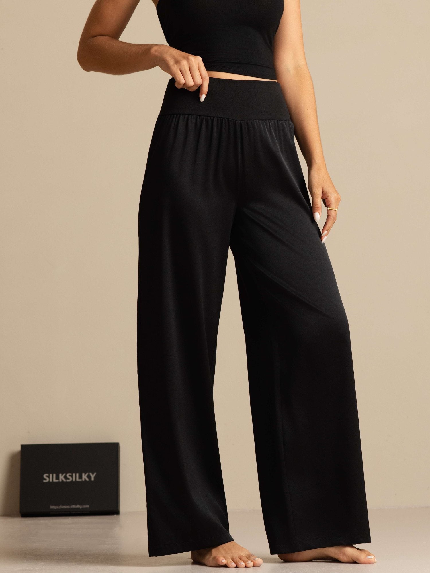 [Negro] SilkSilky-ES 19Momme Seda Womens Pants 007