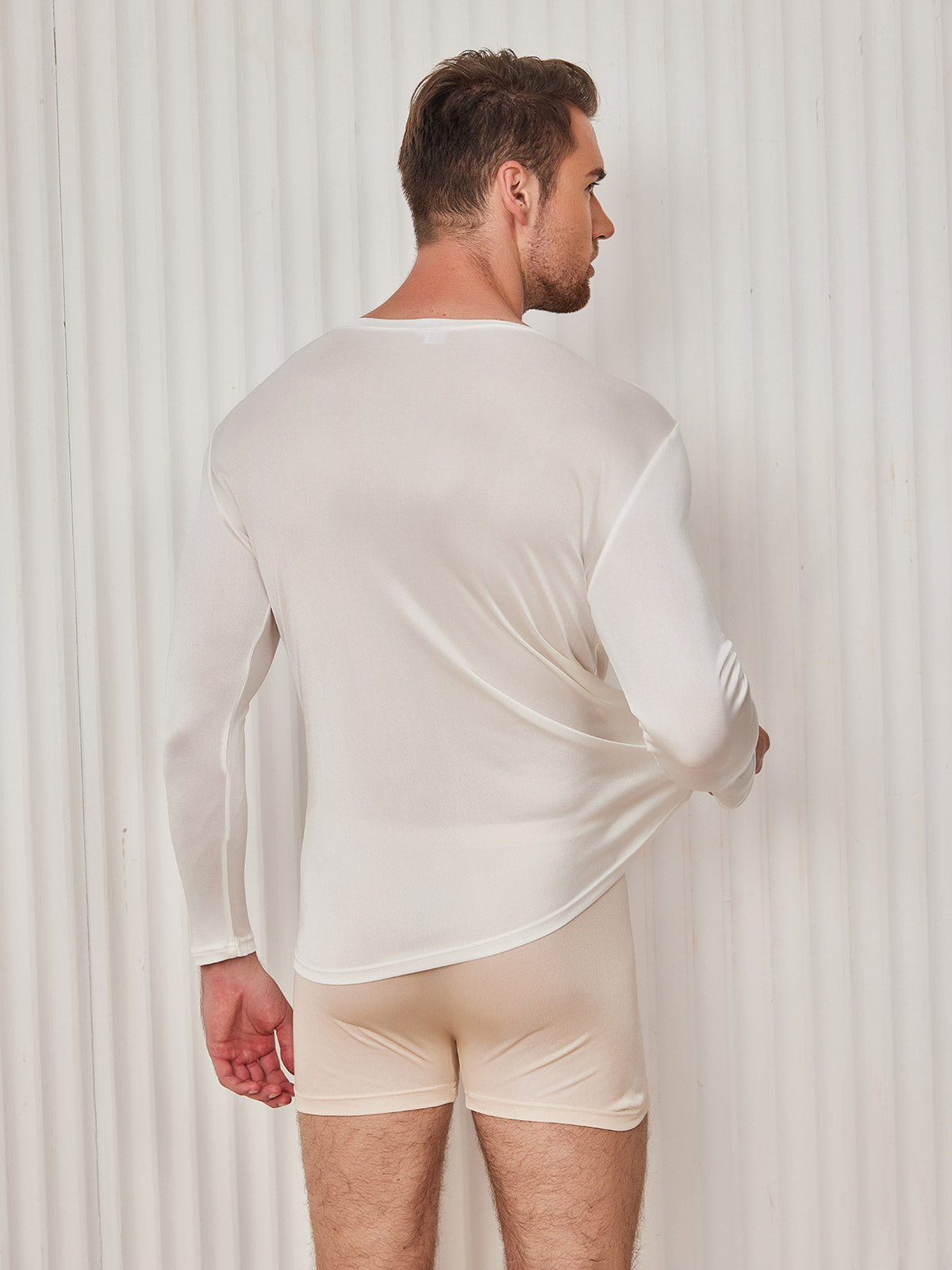 [Blanco] SilkSilky-ES Manga larga Cuello Redondo Camiseta de hombre 002