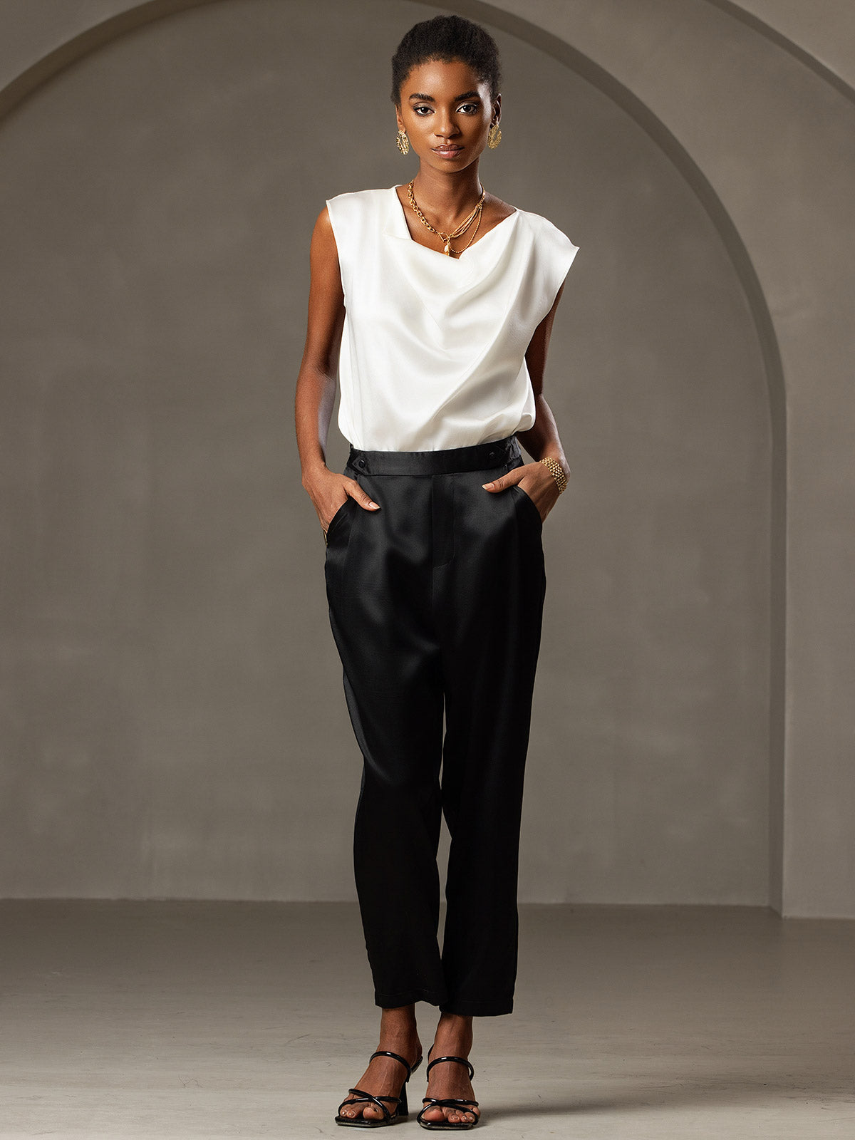 [Blanco] SilkSilky-ES 19Momme Seda Escote Caído Camisetas de Mujer 006