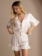 [Blanco] SilkSilky-ES Short Sleeve V Neck Pijamas de mujer 003