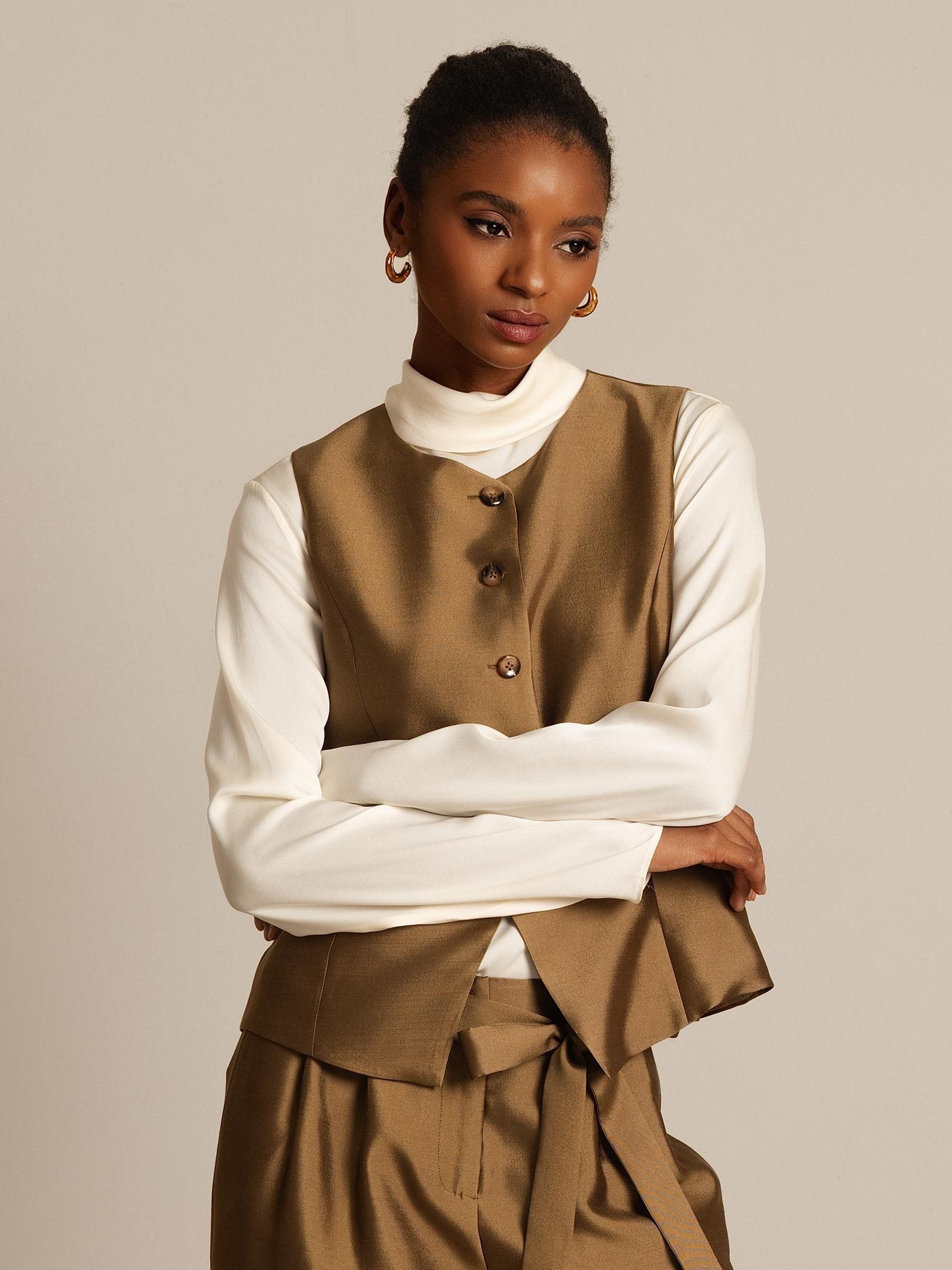 [Bronce] SilkSilky-ES 32Momme Silk-Wool Blend Womens Vest 008,