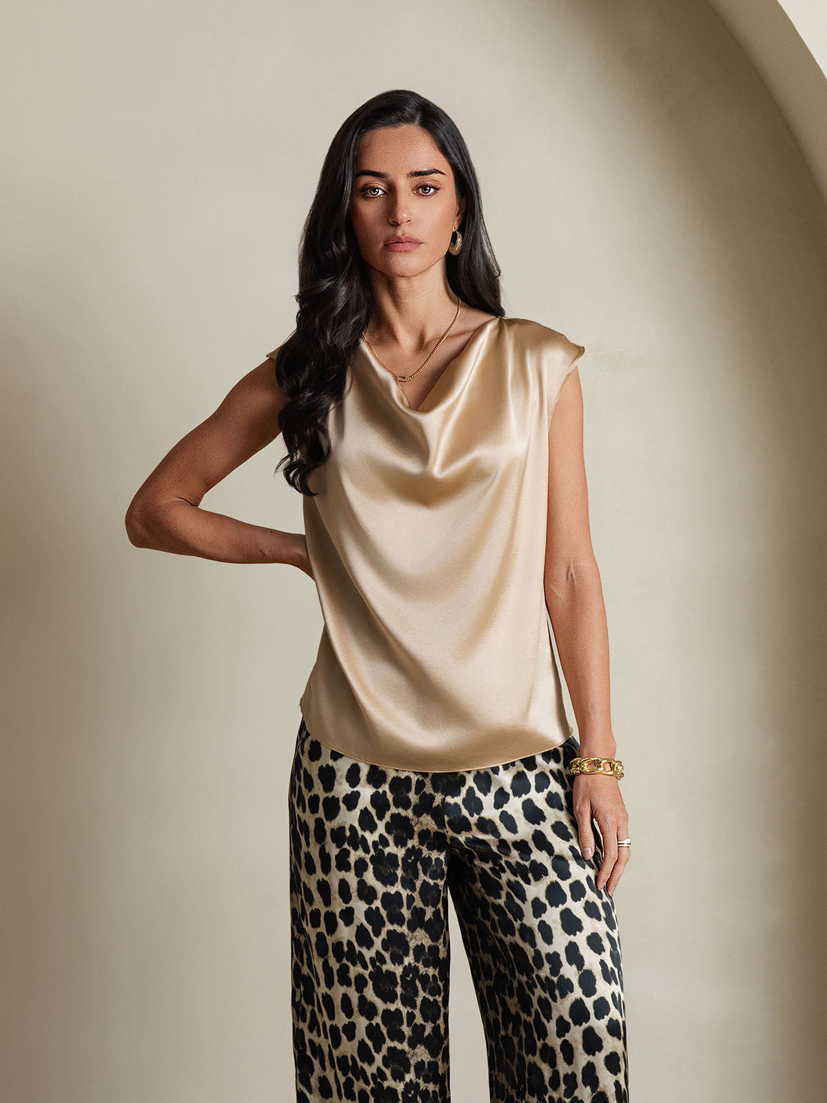 [Champán] SilkSilky-ES 19Momme Seda Sin mangas Womens T-Shirt 003