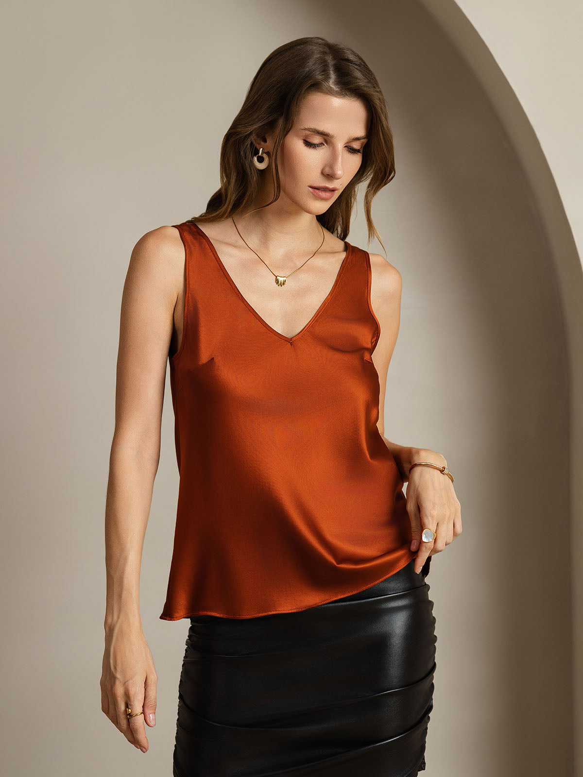 [Caramelo] SilkSilky-ES 19Momme Seda Cuello en V Top de tirantes 006