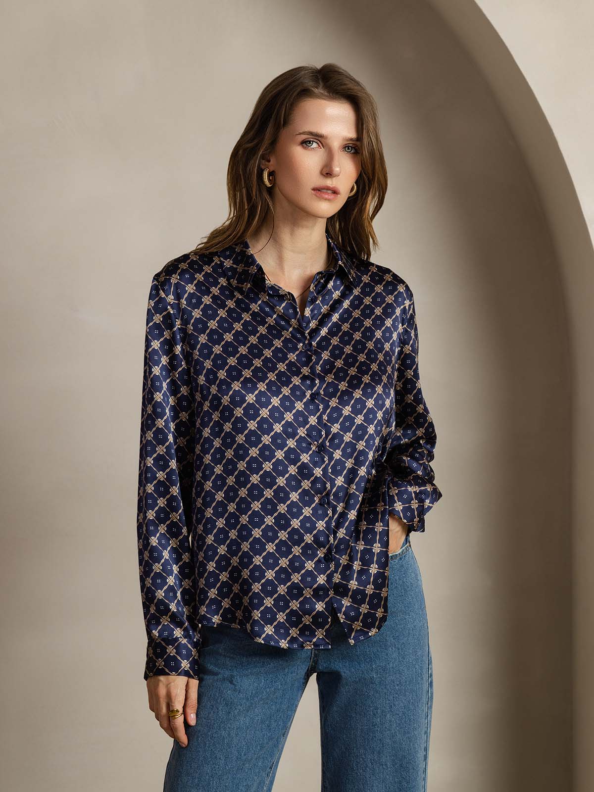 [Cadena Azul Marino] SilkSilky-ES Seda Manga larga Cuello Camisero Blusas de Mujer 001