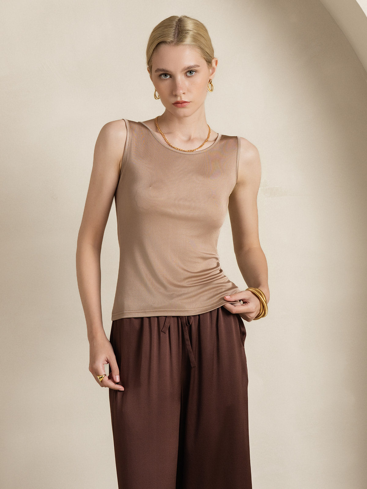 [Café] SilkSilky-ES Tejido de seda Womens T-Shirt 006