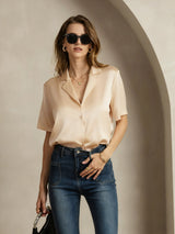 [Champán] SilkSilky-ES Short Sleeve Lapel Collar Blusas de Mujer 003