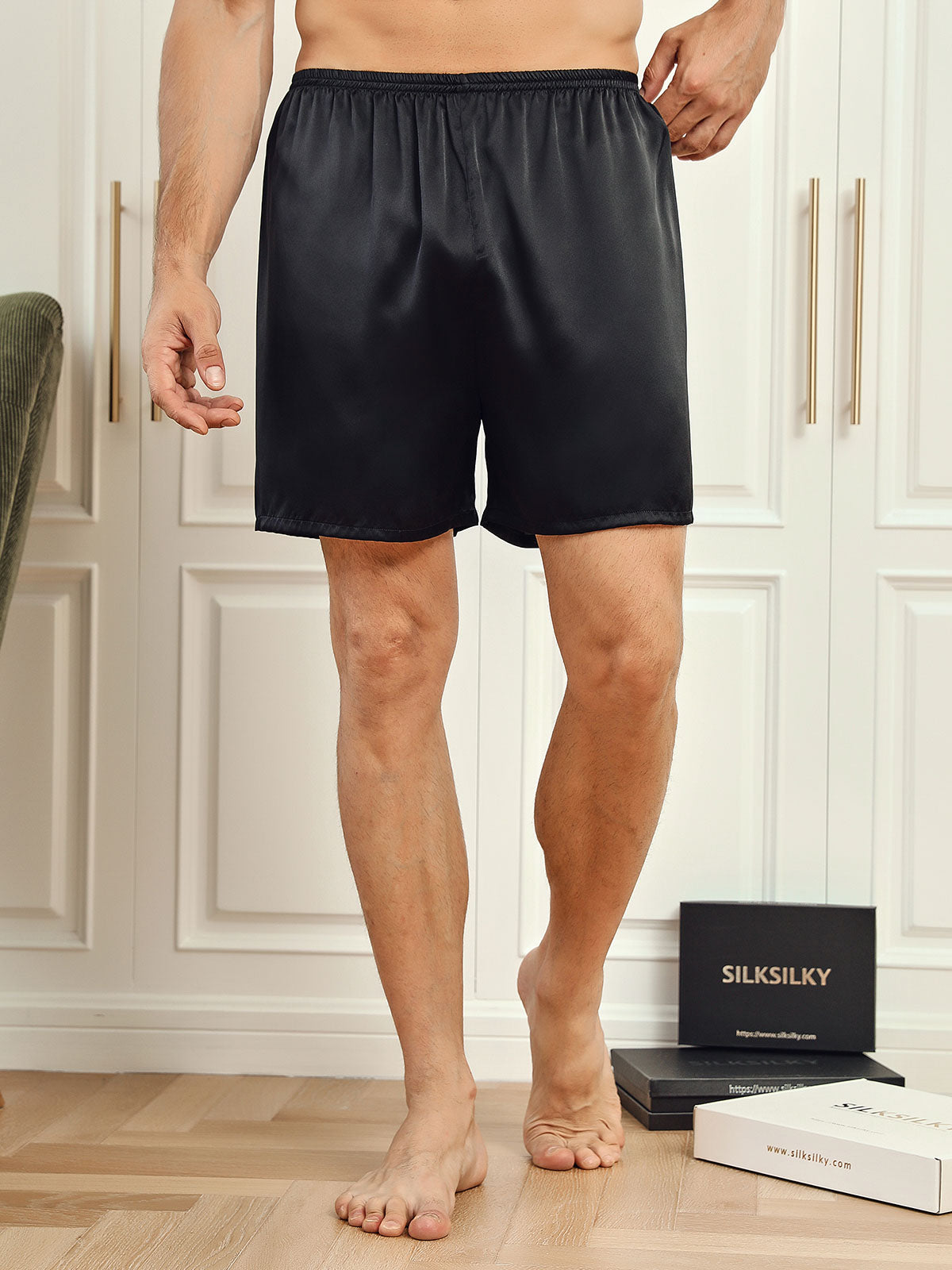 [Negro] SilkSilky-ES 19Momme Mens Sleep Bottoms 001