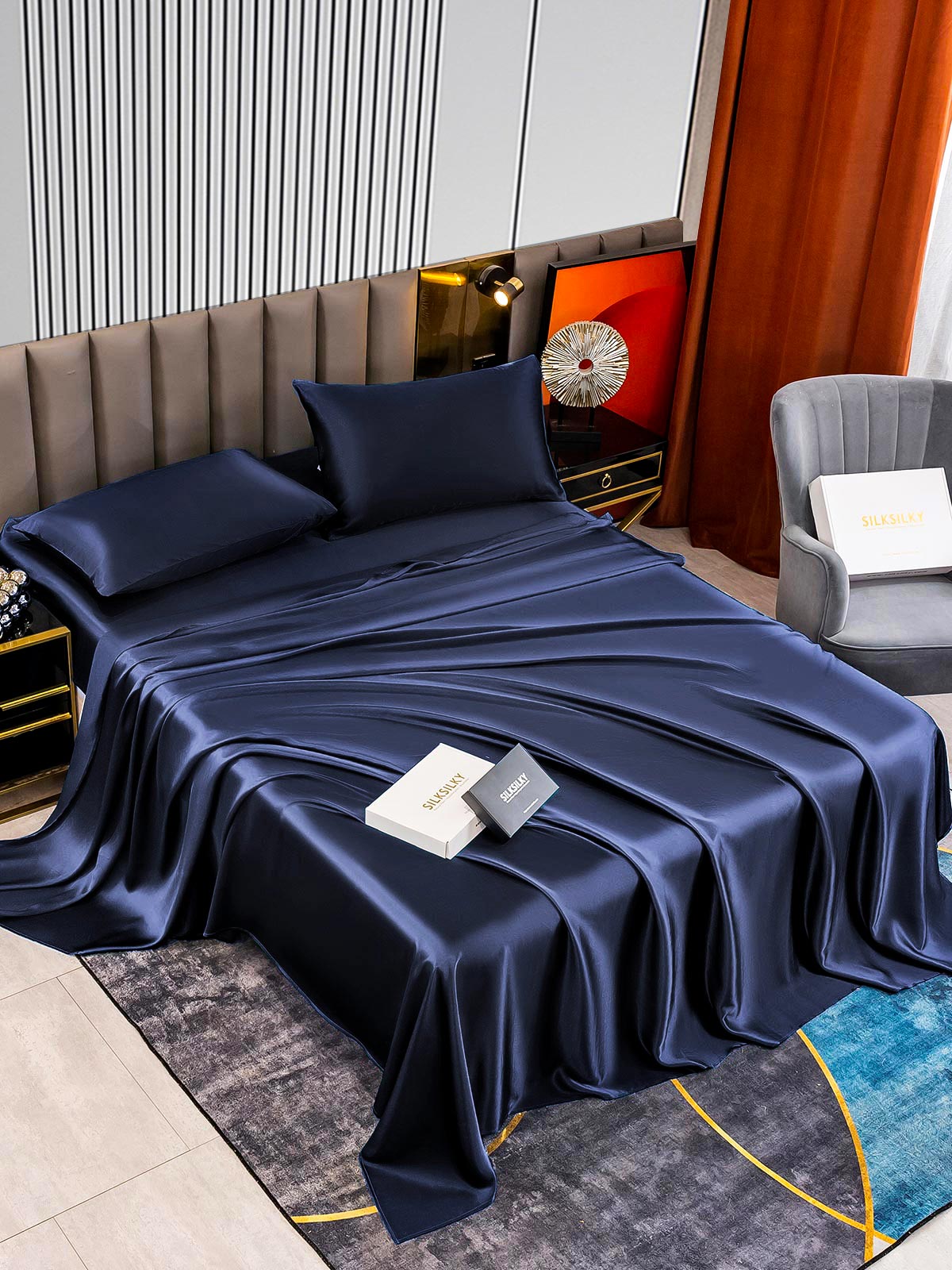 [Azul Oscuro] SilkSilky-ES 22Momme Seda Pura Bedding Set 002