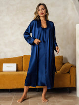 [Azul Oscuro] SilkSilky-ES Long Sleeve V Neck Conjunto de camisón y bata 008