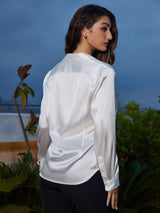 [Blanco] SilkSilky-ES 19Momme Manga larga Cuello con Solapa Blusas de Mujer 002