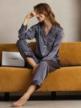 [Ginkgo Azul Marino] SilkSilky-ES Seda Pura Womens Pajamas 003,