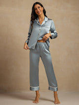 [Azul Grisáceo] SilkSilky-ES Long Sleeve Lapel Collar Pijamas de mujer 003
