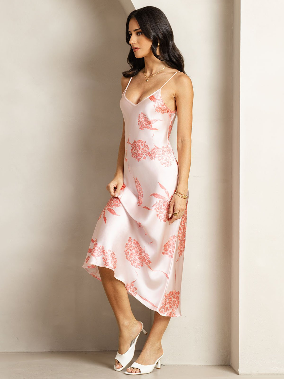 [FloresCoral] SilkSilky-ES 19Momme Seda Cuello en V Vestido 004