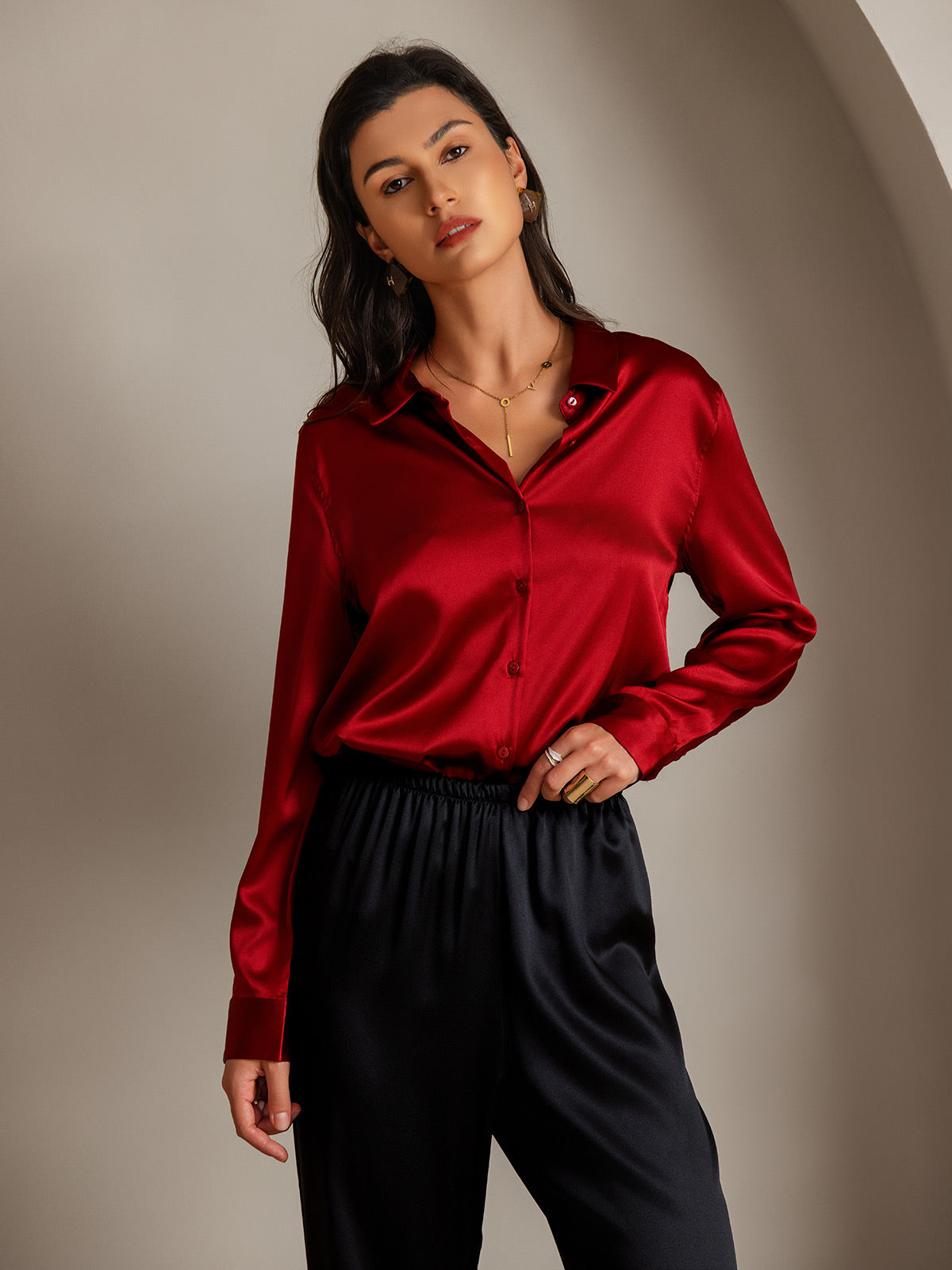 [Rojo] SilkSilky-ES Seda Lapel Collar Blusas de Mujer 004