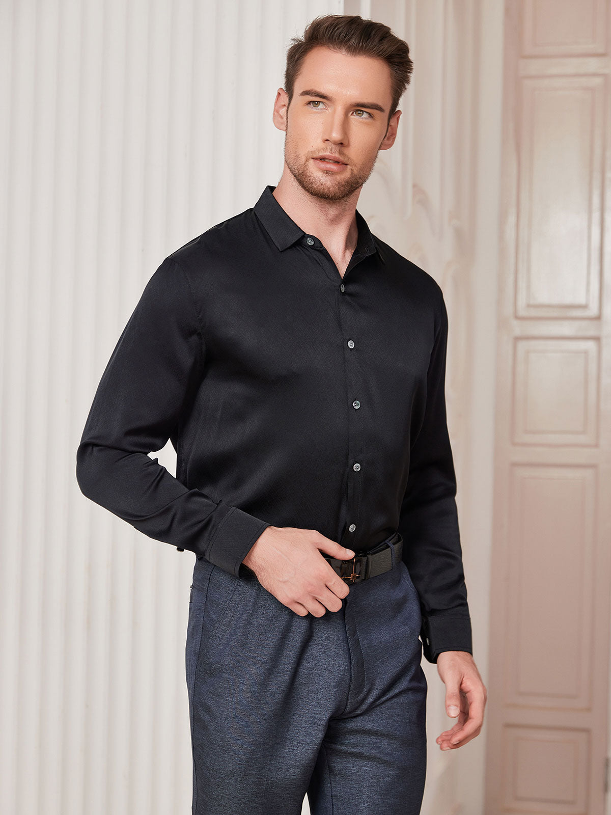 [Negro] SilkSilky-ES Seda Cuello Camisero Camisa de hombre 004