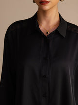 [Negro] SilkSilky-ES Long Sleeve Lapel Collar Blusa 004