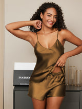 [Café] SilkSilky-ES Spaghetti Strap V Neck Conjunto de tirantes 004