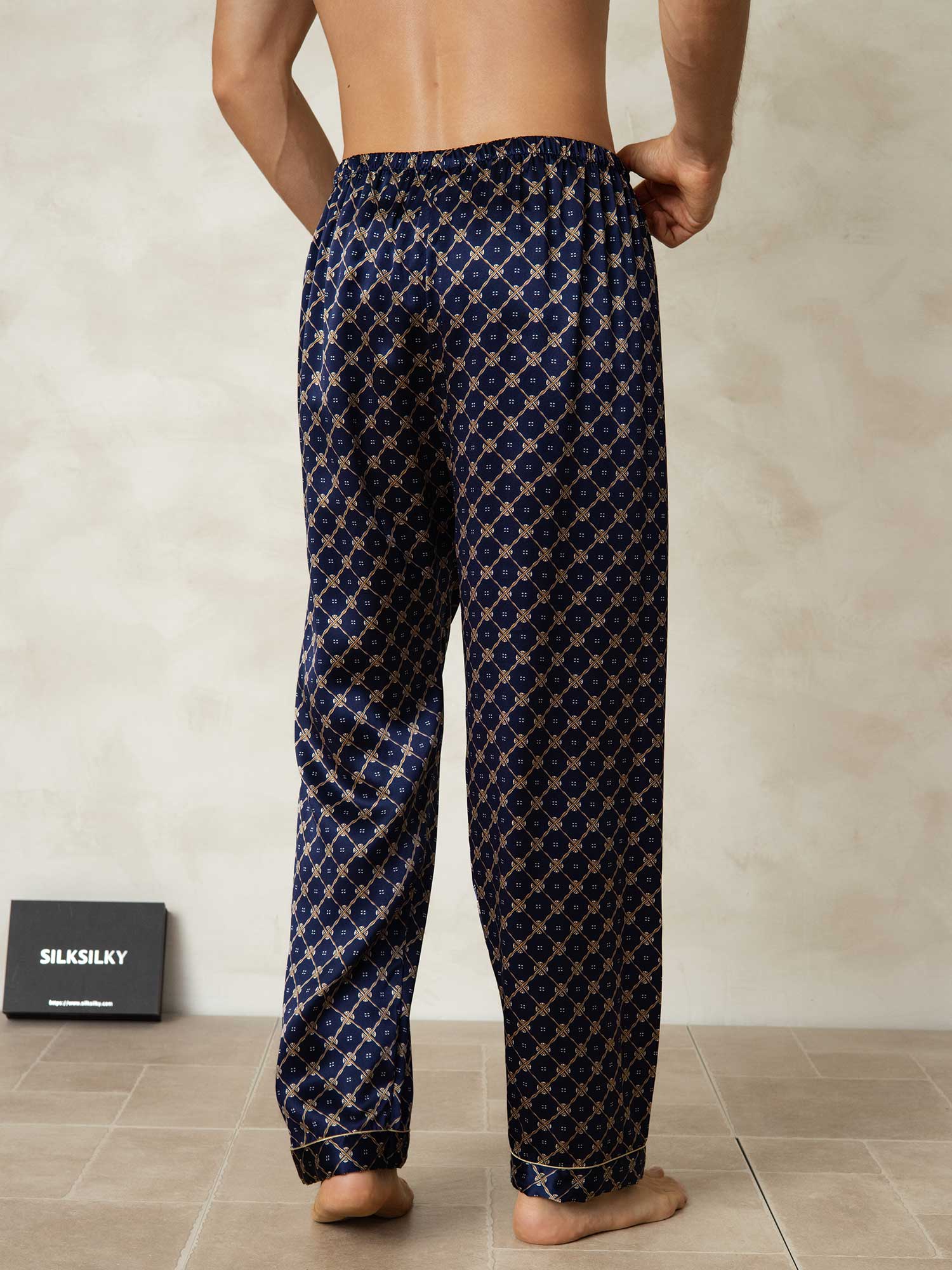 [Cadena Azul Marino] SilkSilky-ES Seda Pura Mens Sleep Bottoms 002