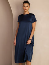 [Azul Oscuro] SilkSilky-ES Short Sleeve Round Neck Vestido 006