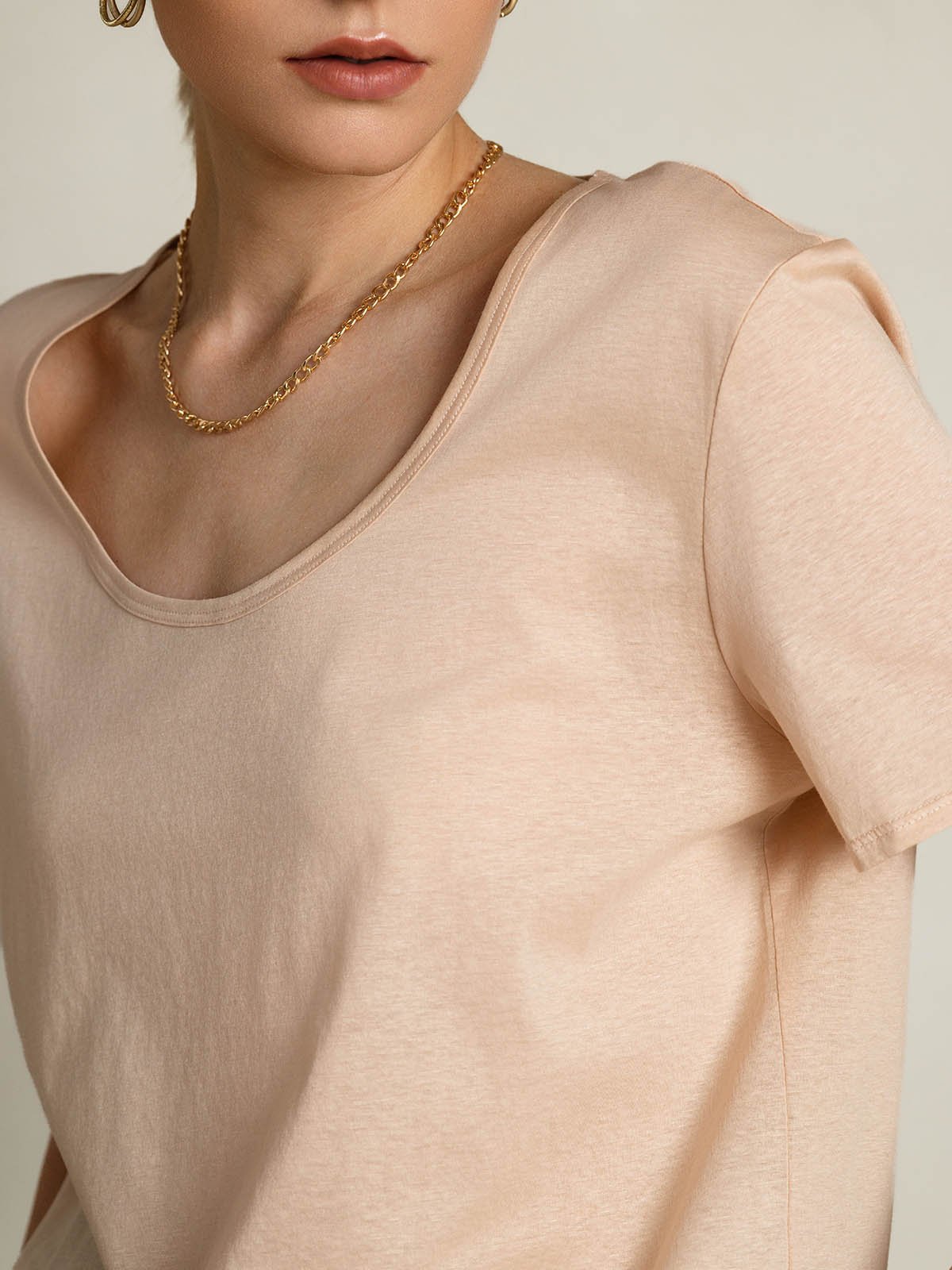 SilkSilky-ES Seda Manga corta Cuello en U Camisetas de Mujer Beige 009