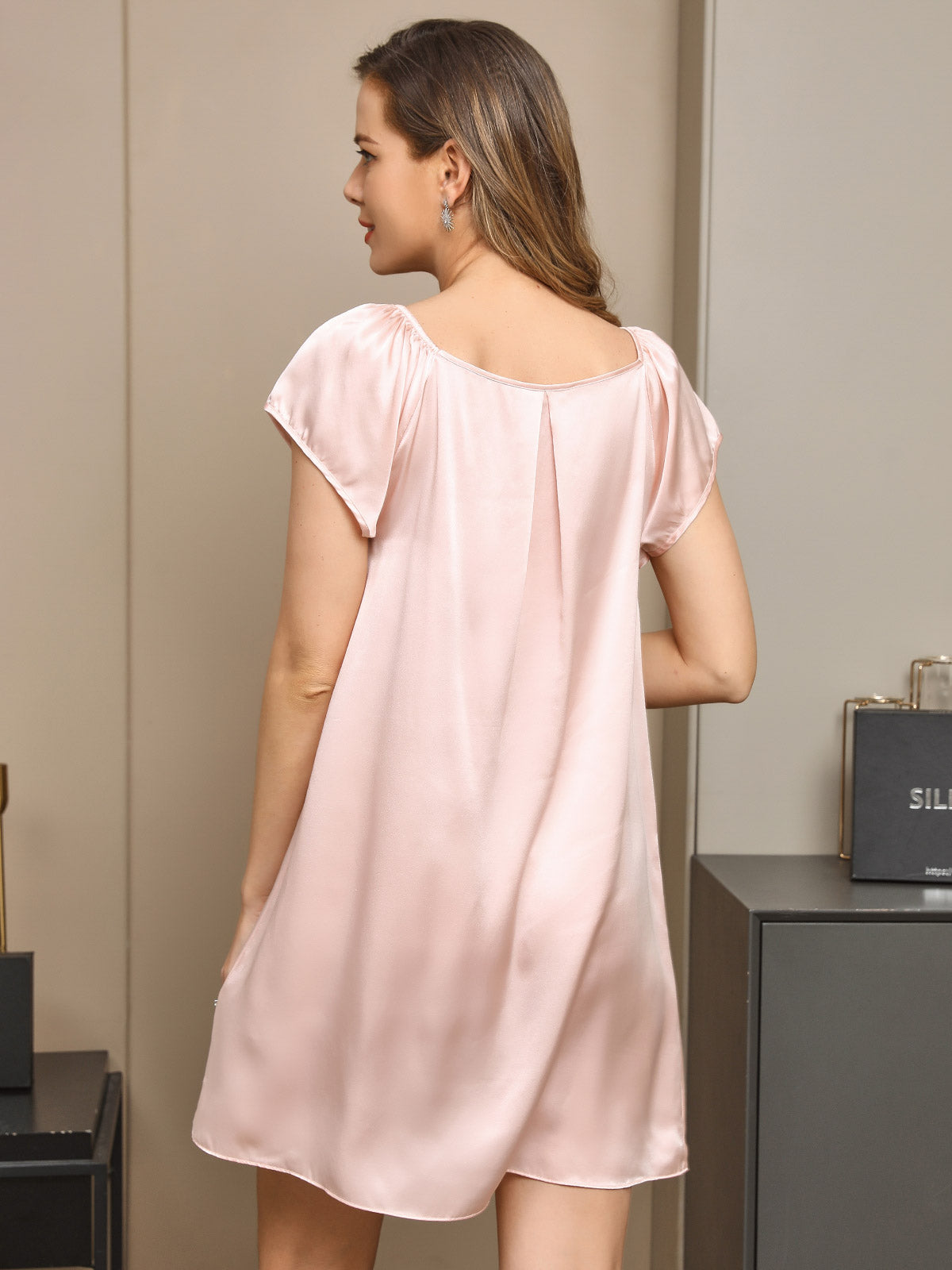 [Rosa Claro] SilkSilky-ES Cap Sleeve Square Neck Camisón 002