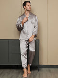 SilkSilky-ES Seda Pura Manga larga Solapa Pijamas de hombre Gris 004