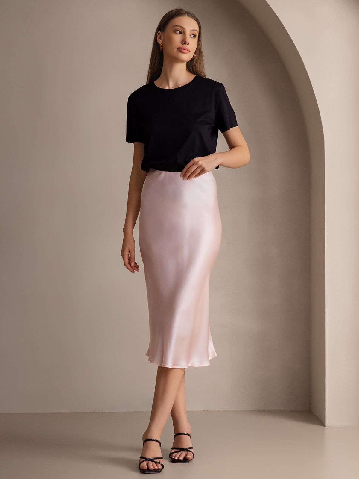 SilkSilky-ES 19Momme Seda Pura Skirt RosaClaro 006