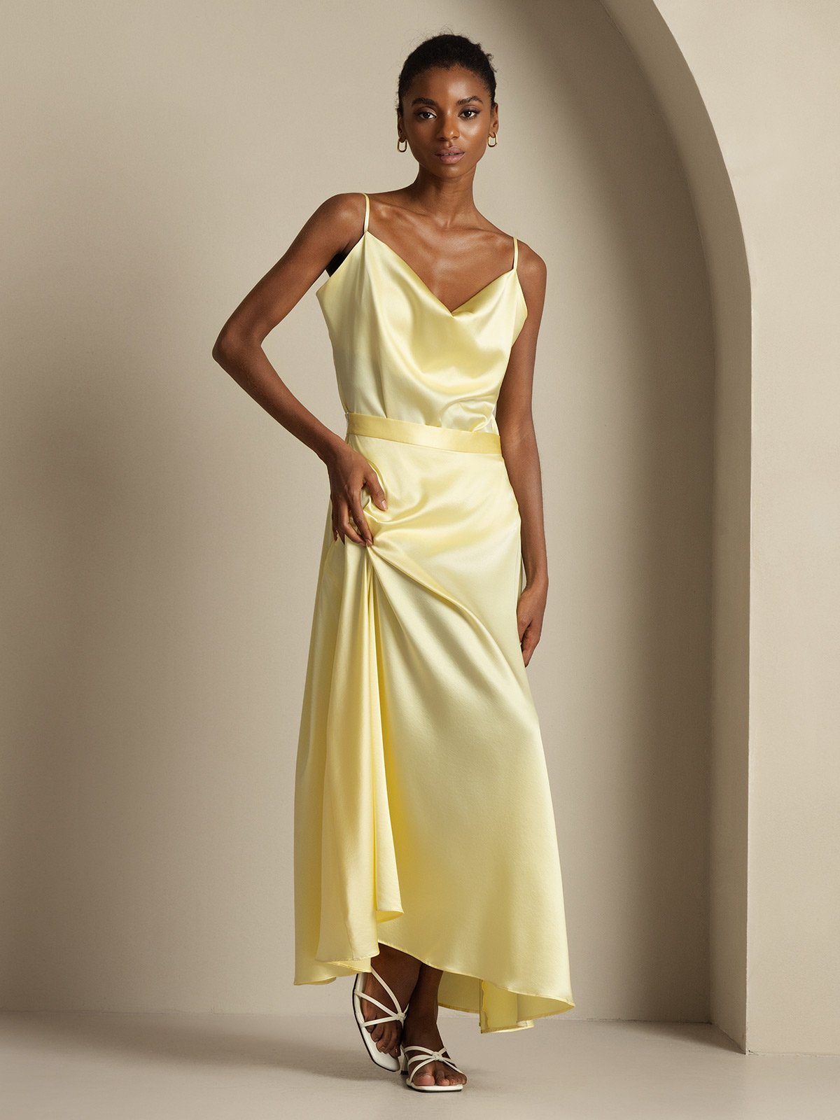 [Amarillo Claro] SilkSilky-ES 19Momme Seda Cuello Camisero Women''s Outfit Sets 005,