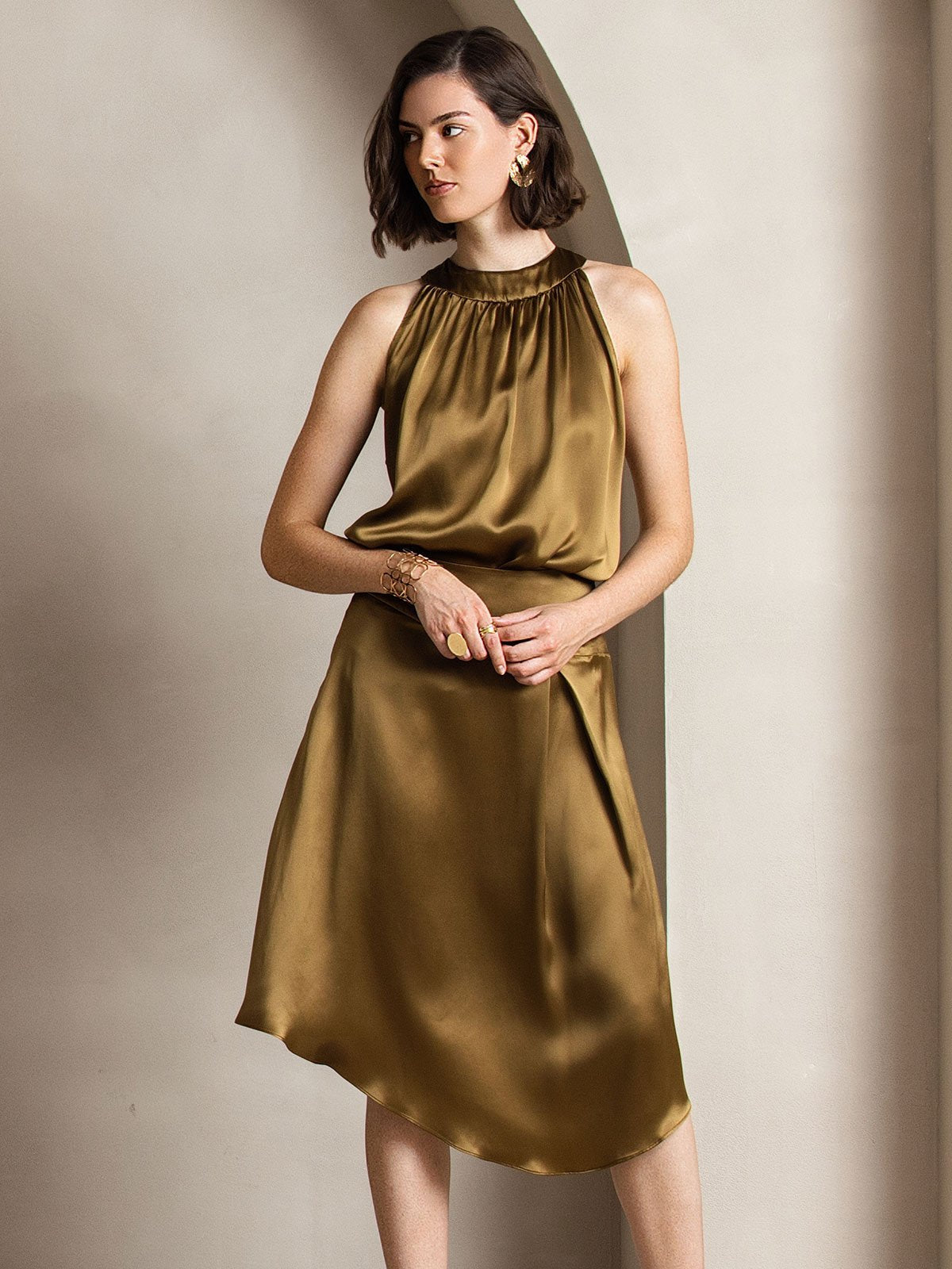 [Marrón] SilkSilky-ES 19Momme Seda Sin mangas Womens T-Shirt 007