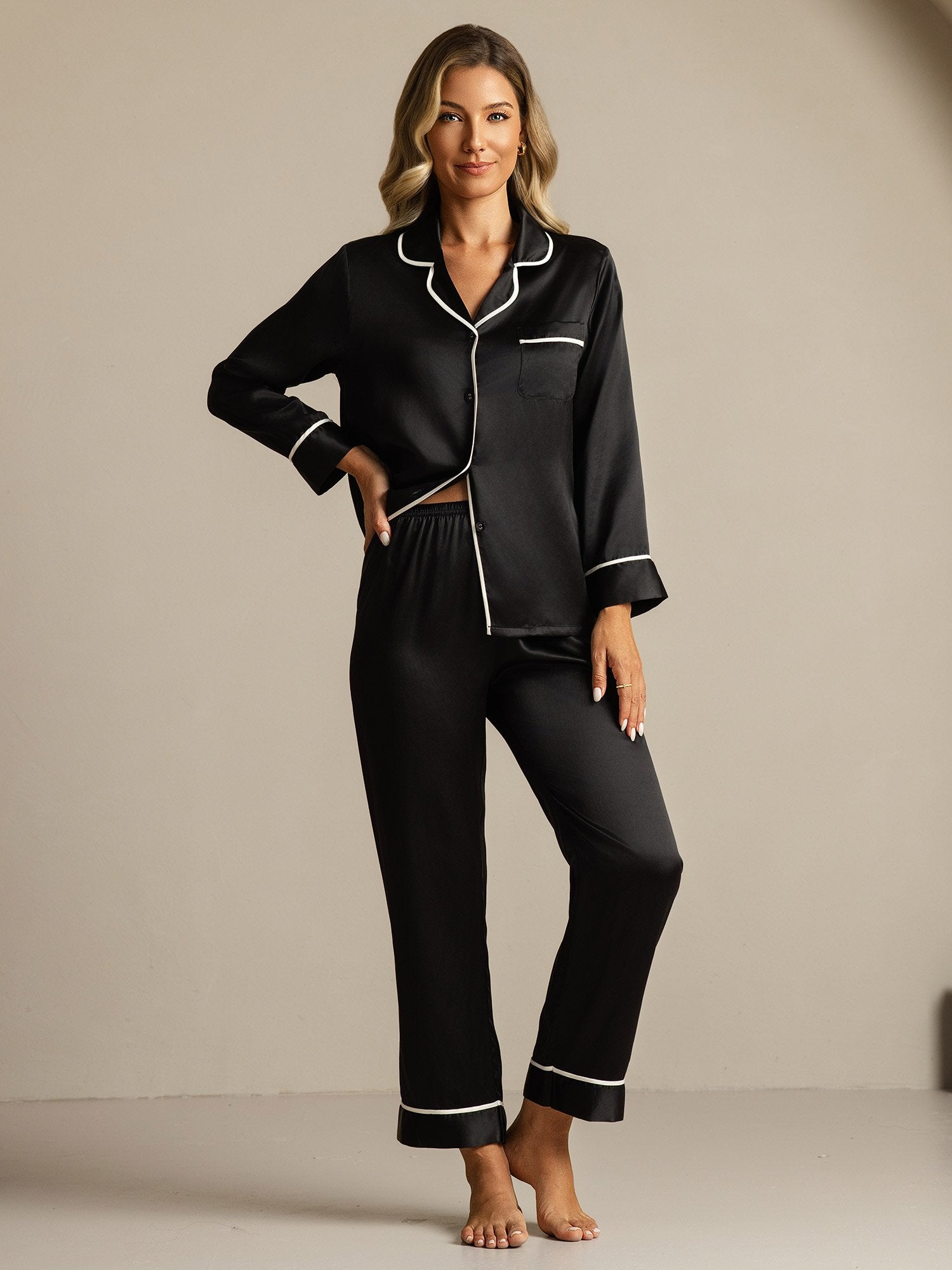 [Negro] SilkSilky-ES Seda Pura Cuello Camisero Pijamas de mujer 006
