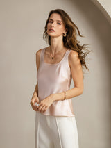 [Rosa] SilkSilky-ES 19Momme Sin mangas Escote Cuchara Top de tirantes 006