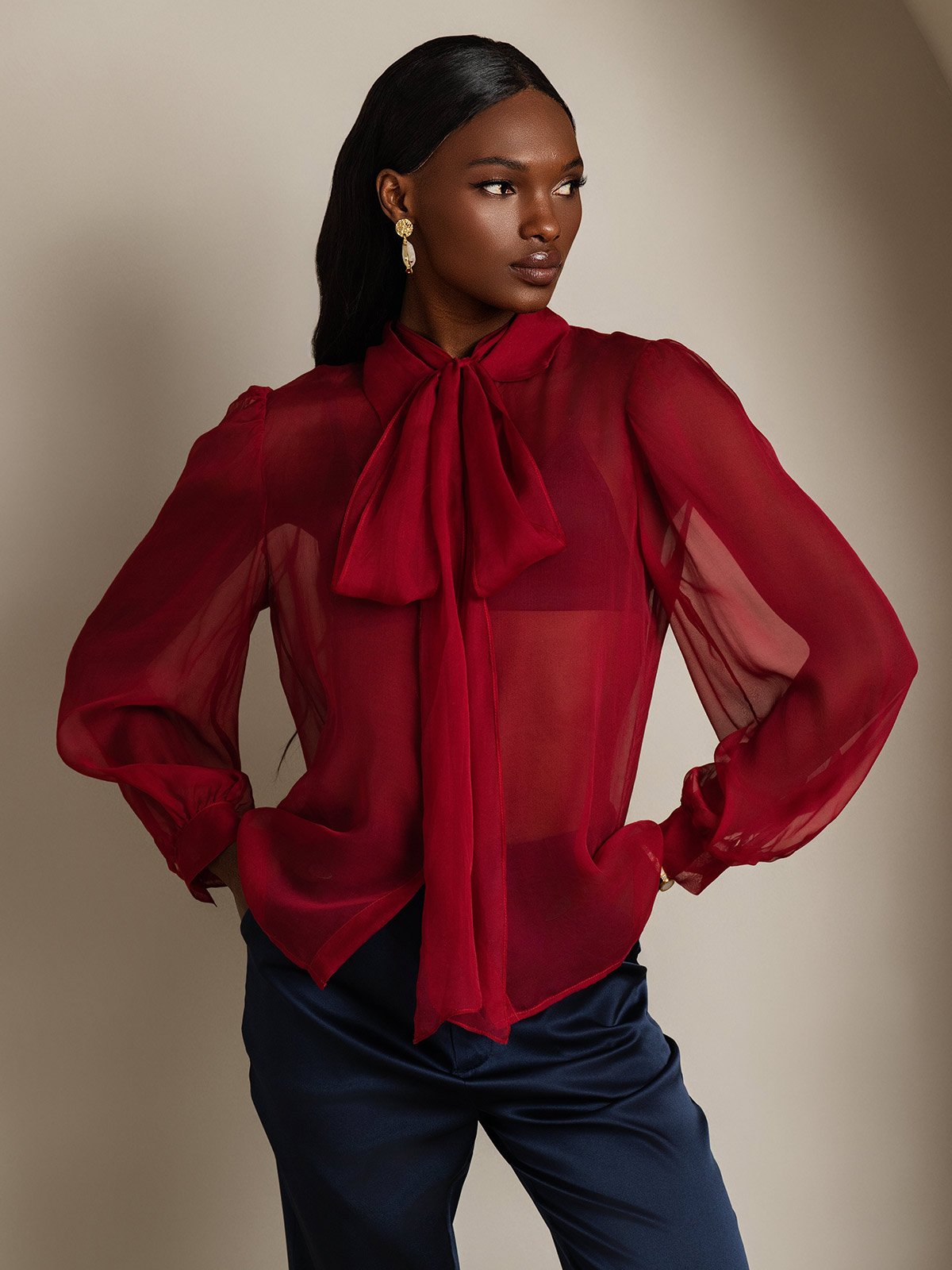 SilkSilky-ES Seda Pura Manga larga Corbata Blusas de Mujer Vino 001