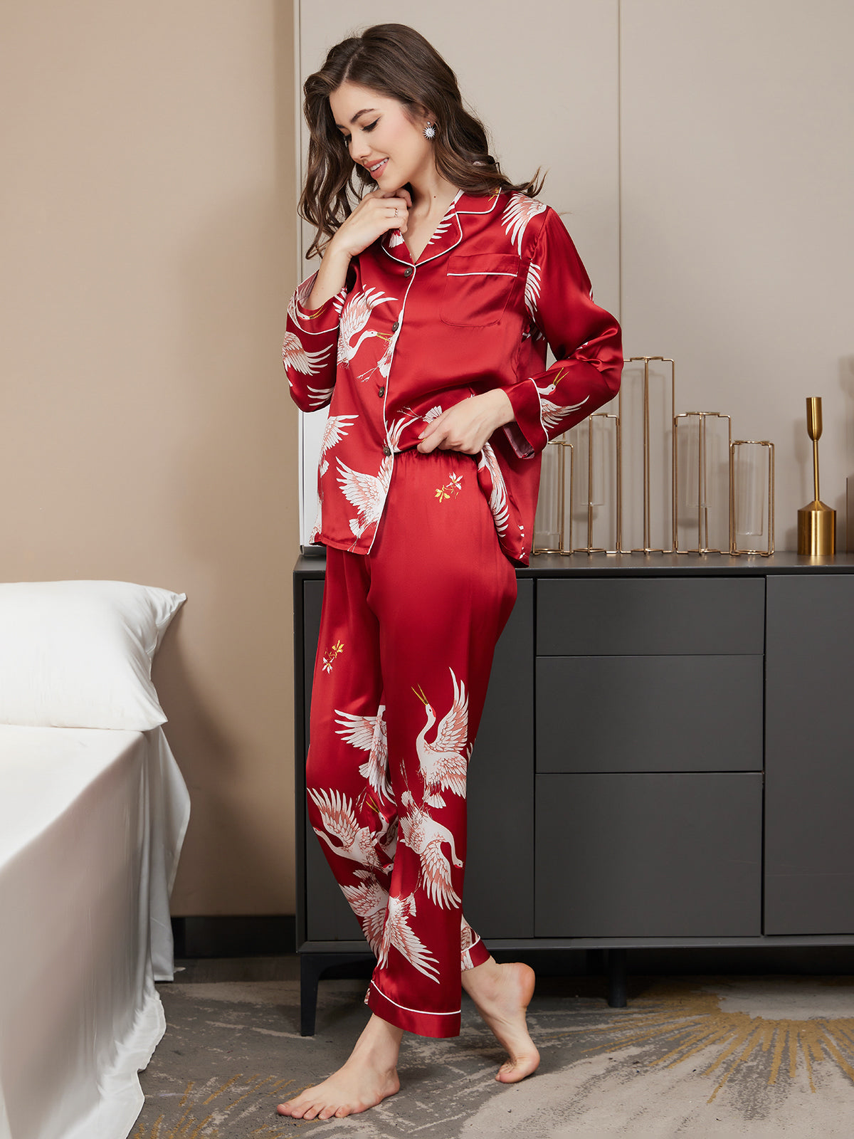 [Rojo Oscuro] SilkSilky-ES 19Momme Seda Pura Womens Pajamas 004