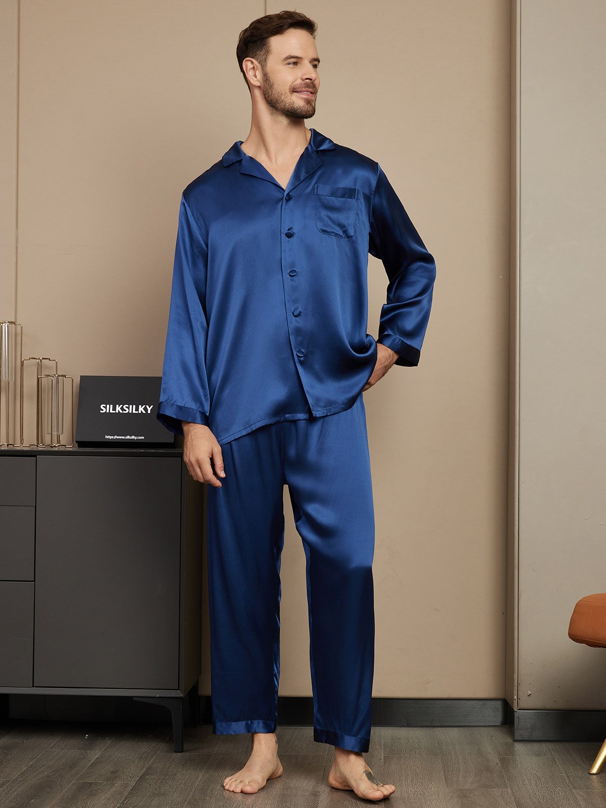 [Azul Oscuro] SilkSilky-ES Seda Pura Mens Pajamas 005