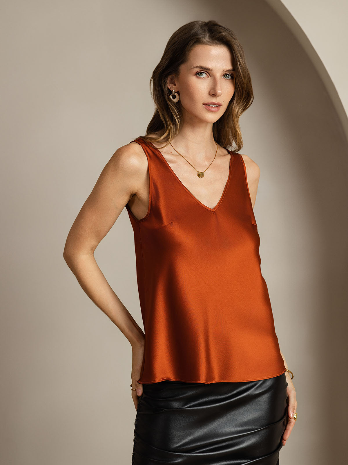 [Caramelo] SilkSilky-ES 19Momme Seda Cuello en V Top de tirantes 002