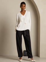 [Blanco] SilkSilky-ES Long Sleeve V Neck Blusas 008