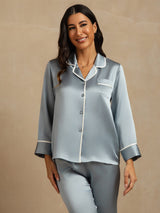 [Azul Grisáceo] SilkSilky-ES Long Sleeve Lapel Collar Pijamas de mujer 009