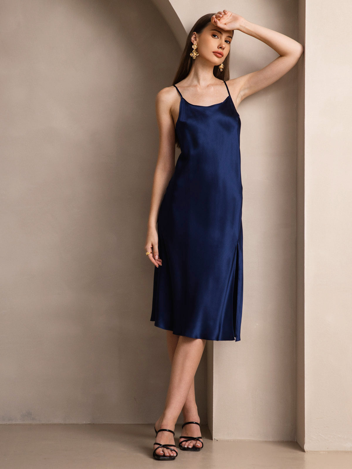 [Azul Oscuro] SilkSilky-ES Seda Pura Sin mangas Round Neck Vestido 006