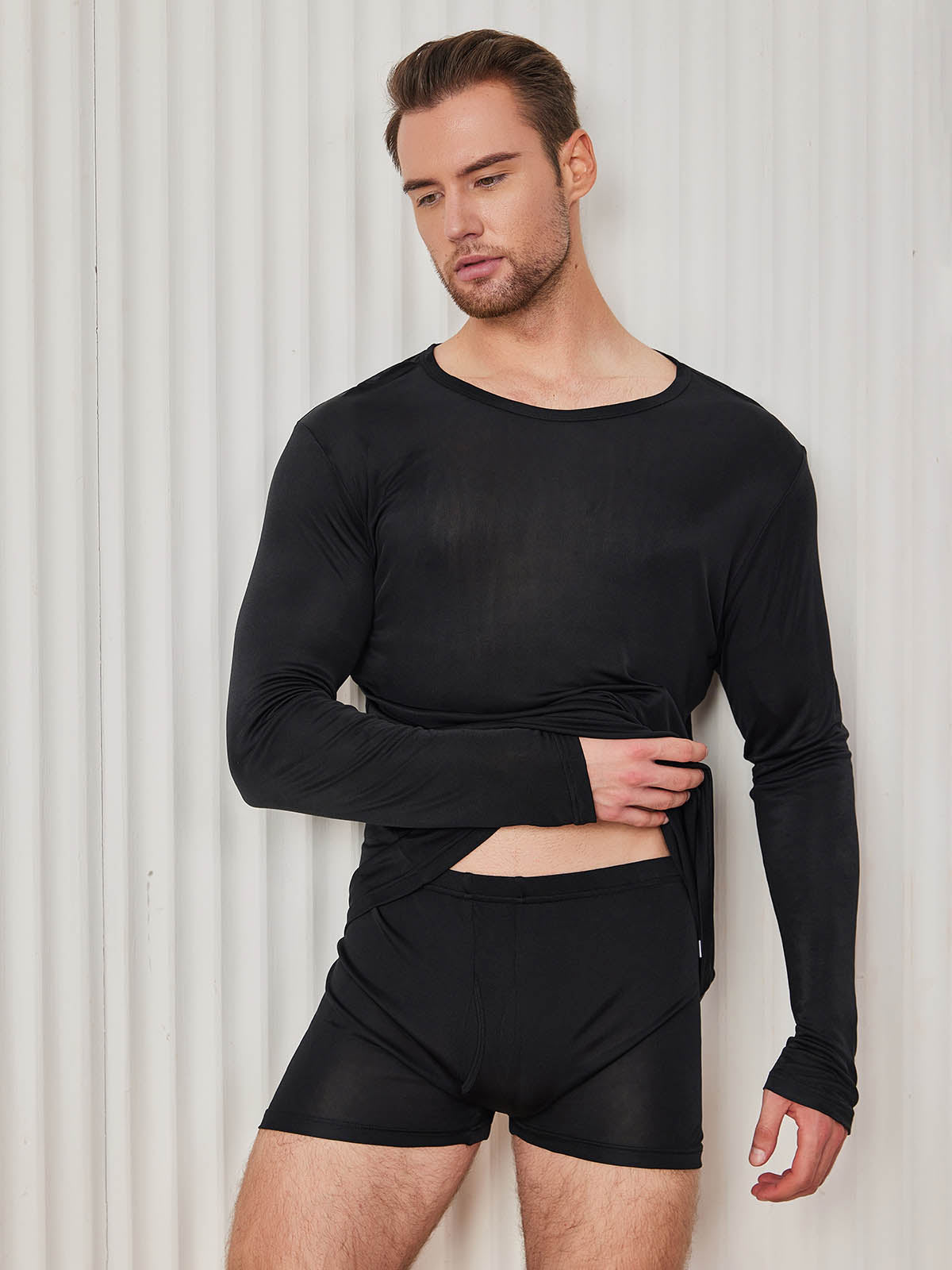 [Negro] SilkSilky-ES Manga larga Cuello Redondo Camiseta de hombre 004