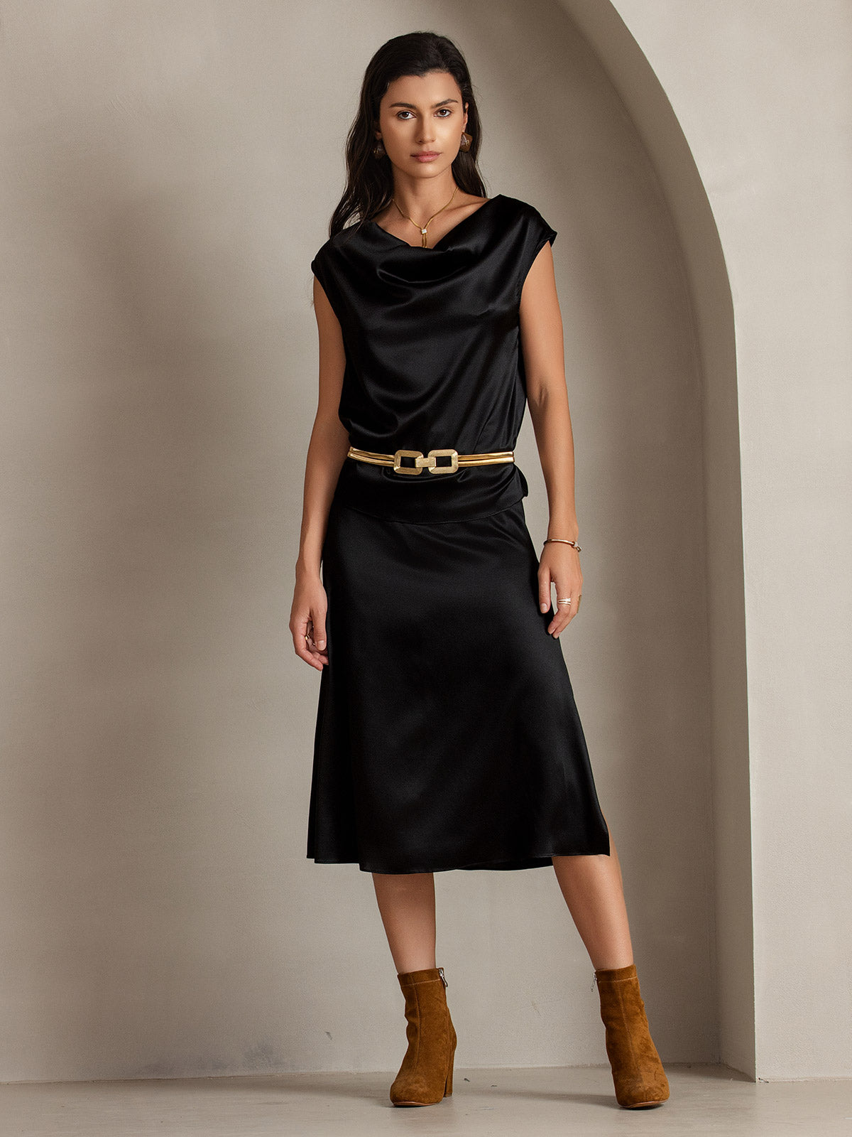 [Negro] SilkSilky-ES 19Momme Seda Skirt 007