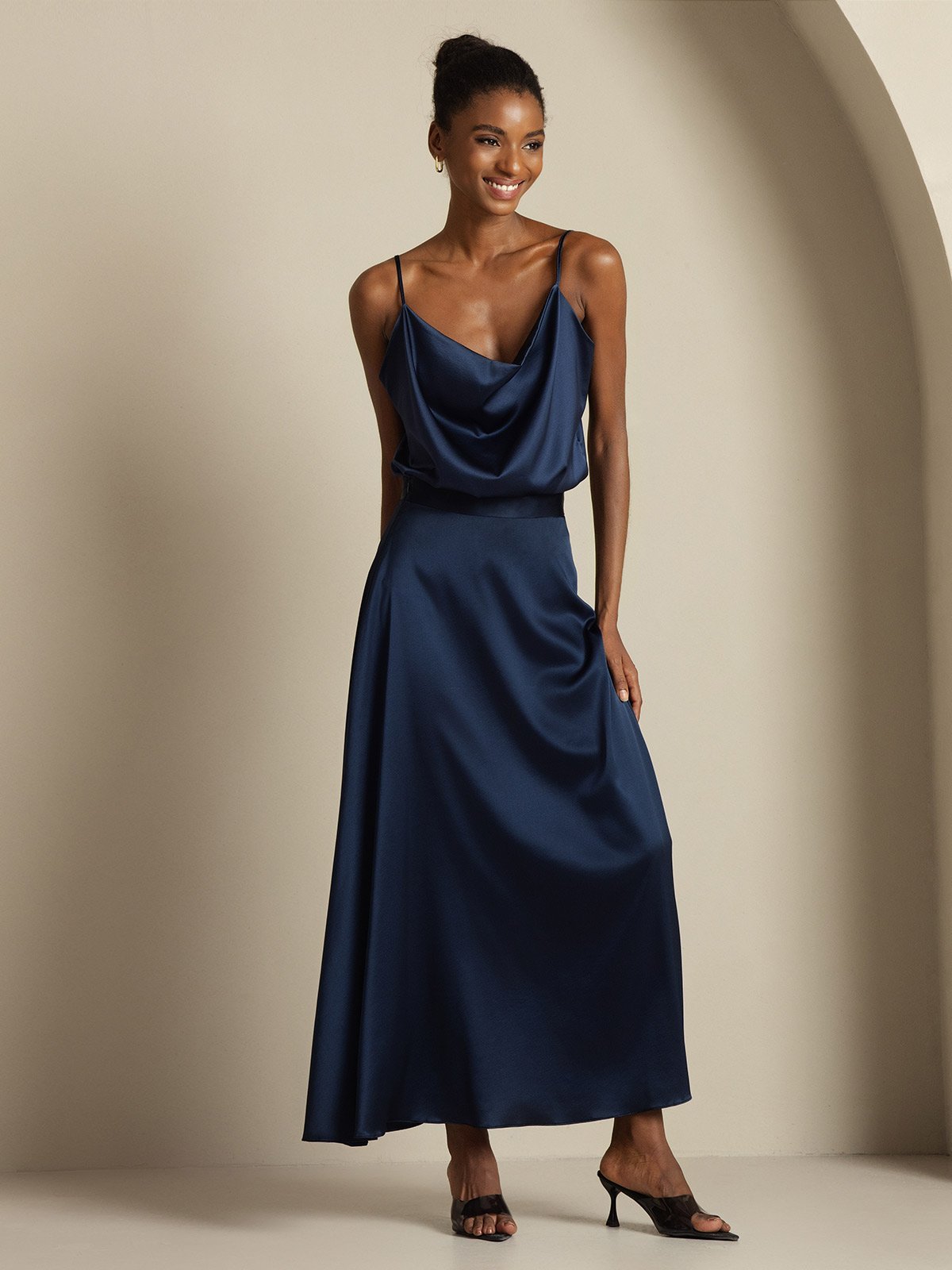 [Azul Oscuro] SilkSilky-ES 19Momme Seda Cuello Camisero Women''s Outfit Sets 006,