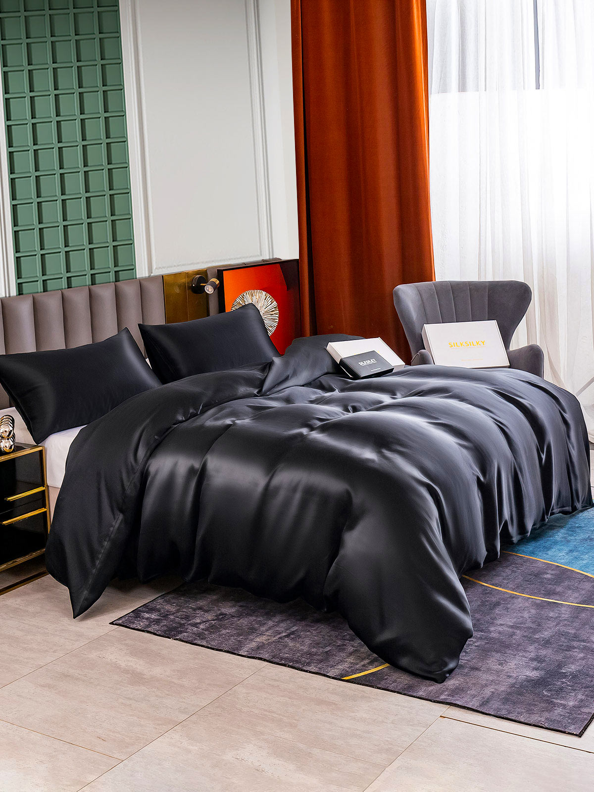 [Negro] SilkSilky-ES 25Momme Seda Pura Bedding Set 004